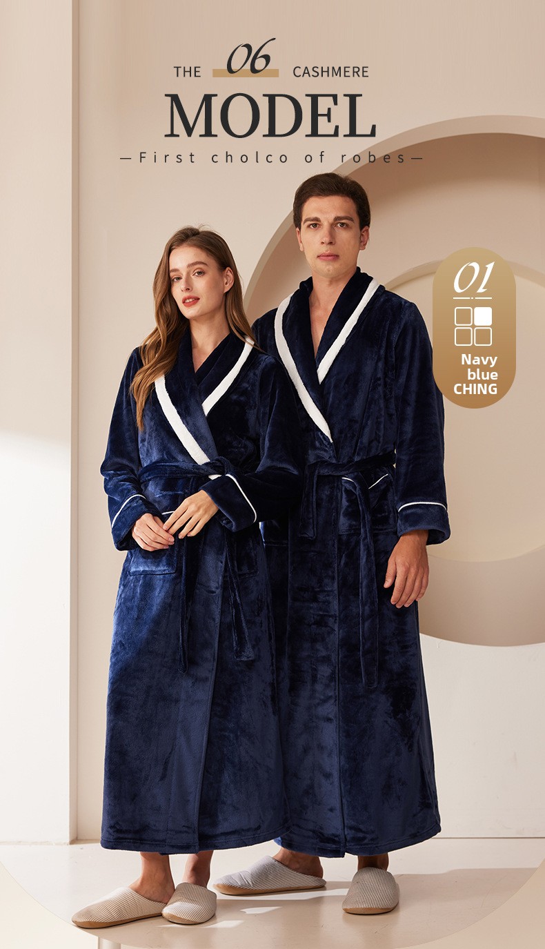 Thickened Long Coral Velvet Flannel Bathrobe for Couples