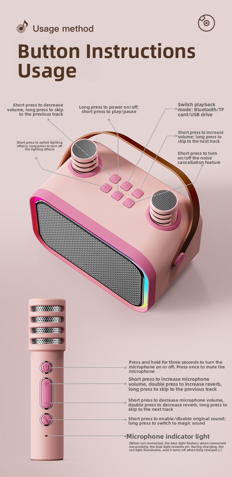 Portable Bluetooth Karaoke Speaker with Microphone for Kids, 5.3 Wireless Home Party Machine