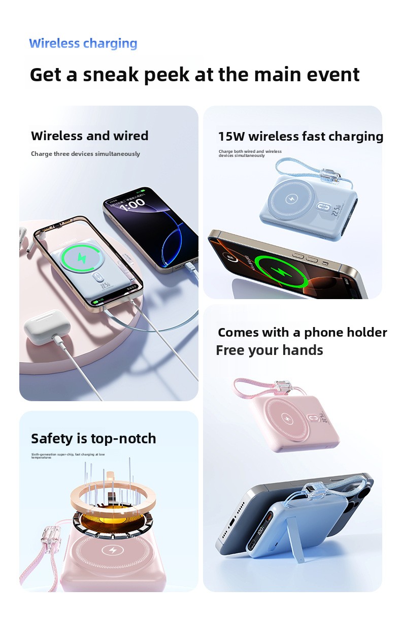 3-in-1 15W Magnetic Wireless Portable Charger 22.5W Power Bank with Built-in Cable and Watch Charging