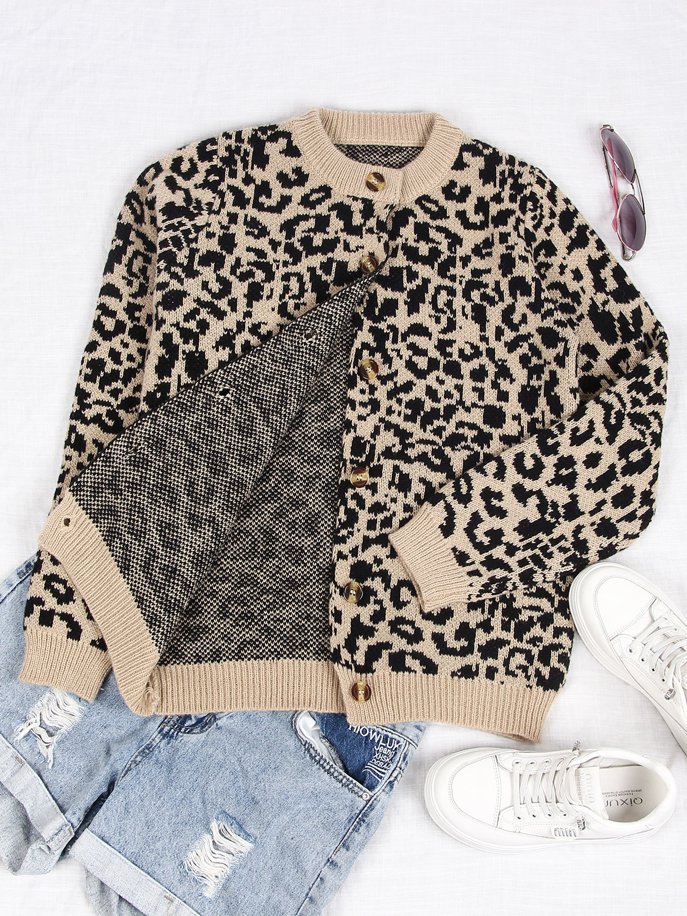 Women's Leopard Print Open Front Long Sleeve Knit Cardigan Sweater