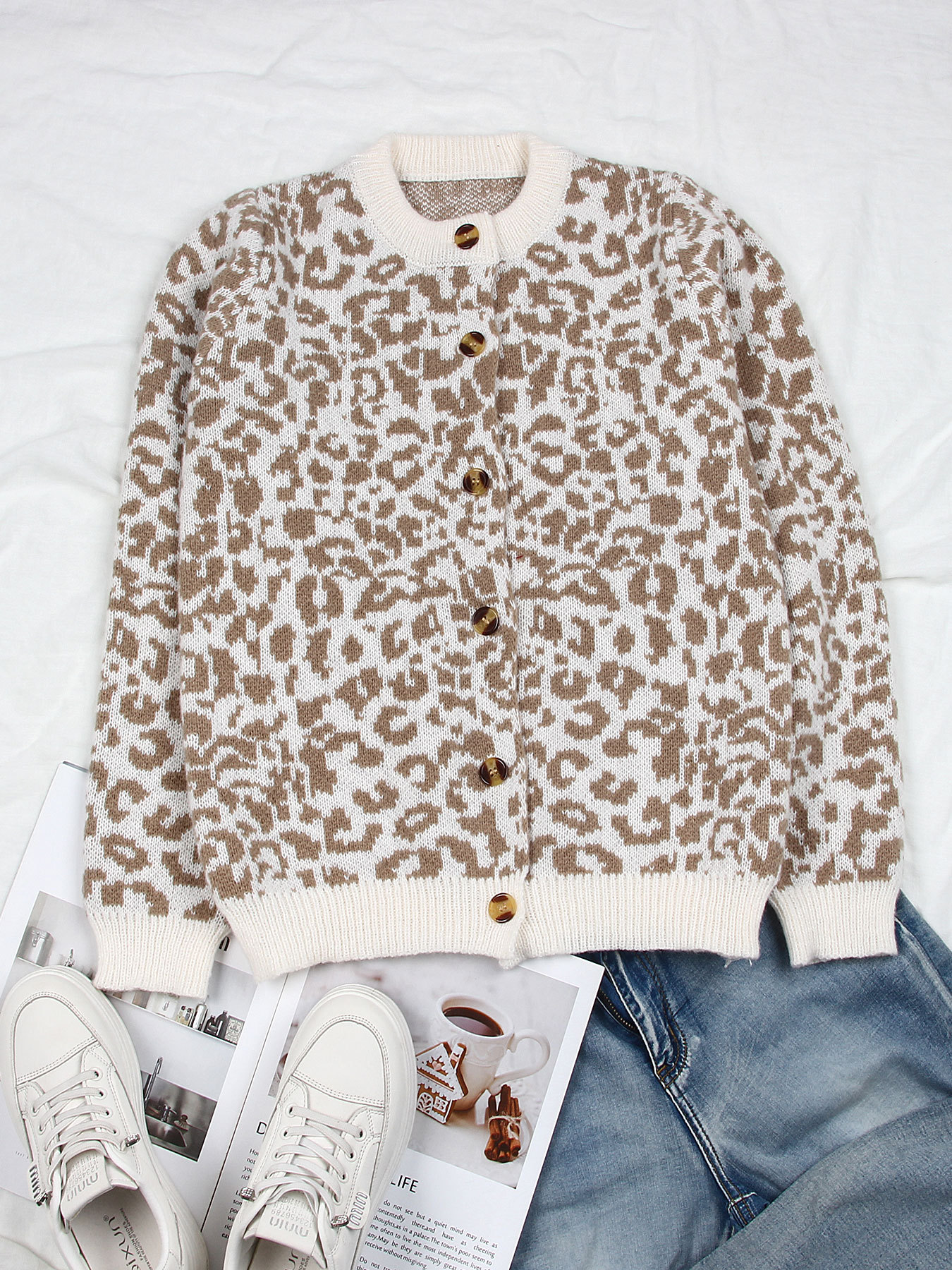 Women's Leopard Print Open Front Long Sleeve Knit Cardigan Sweater