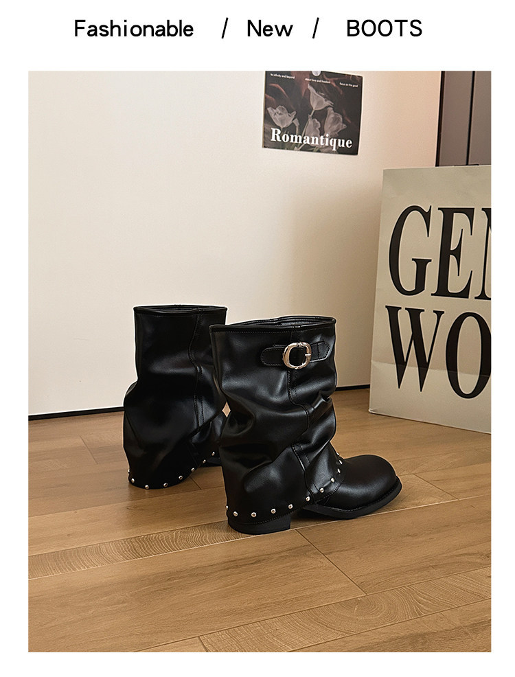 Women's solid-color pleated ankle boots
