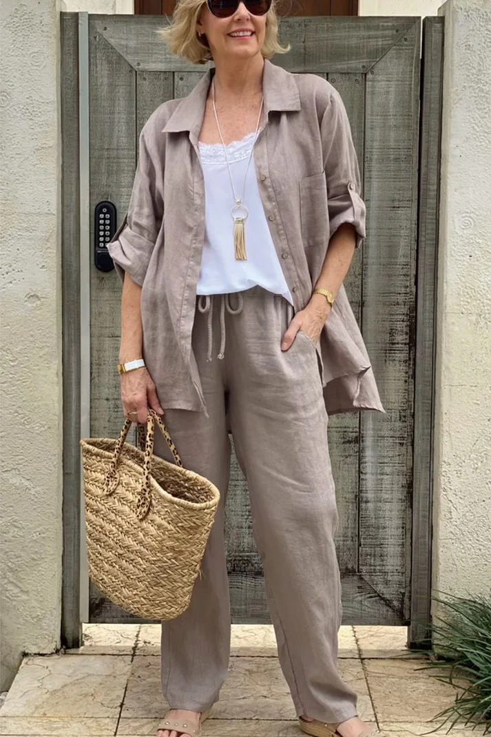 Women's Linen Blend Long Sleeve Shirt Trousers Suit