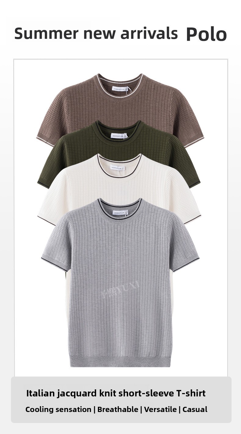 Italian Jacquard Knit Short Sleeve T Shirt Men Minimalist Breathable Casual