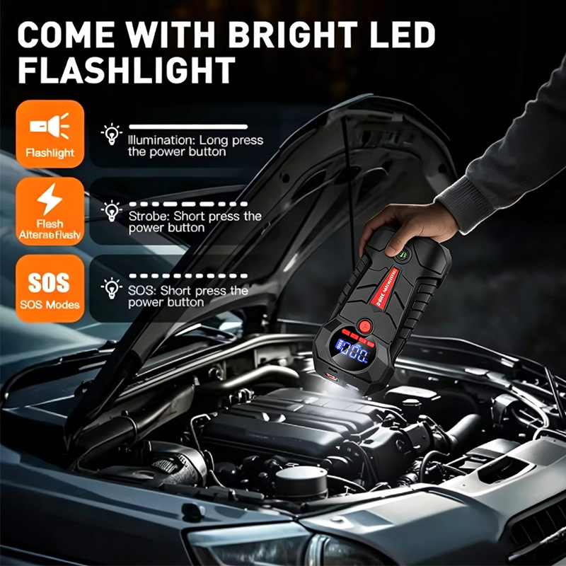4-in-1 Car Jump Starter with Tire Inflator Digital Display 6000mAh Portable Power Bank