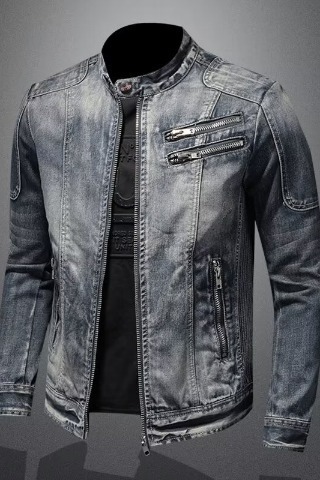 Men's Retro Solid Color Stand Collar Denim Jacket Casual Long Sleeve Outerwear