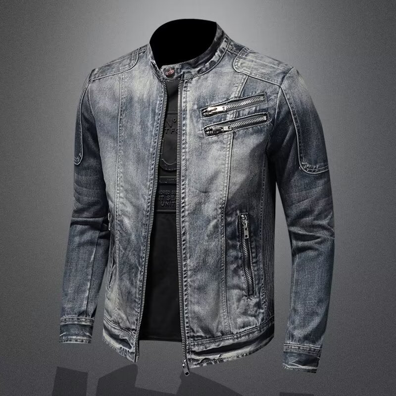 Men's Retro Solid Color Stand Collar Denim Jacket Casual Long Sleeve Outerwear