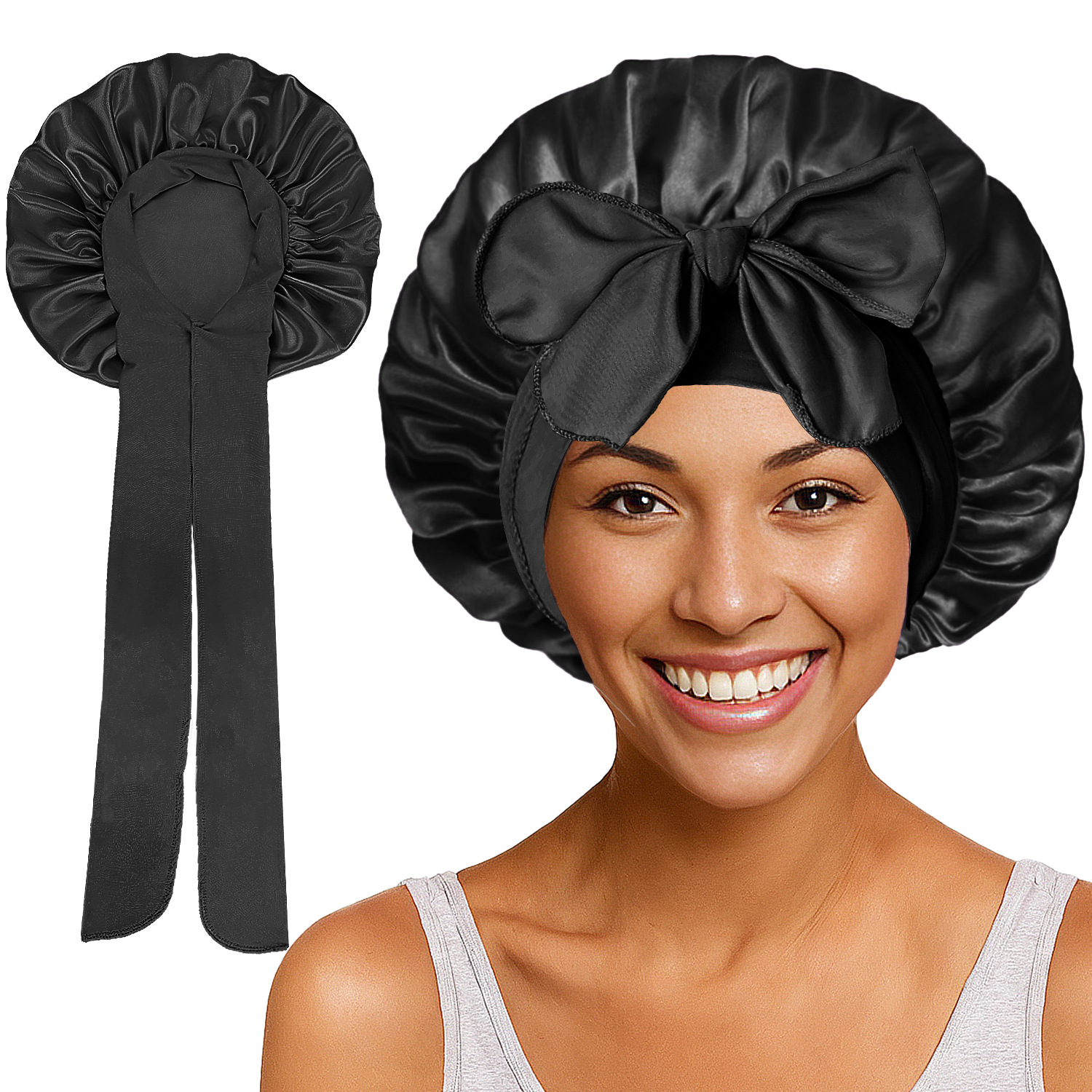 Elastic Satin Round Wide-Brimmed Headscarf Hat Solid Color Artificial Silk Nightcap