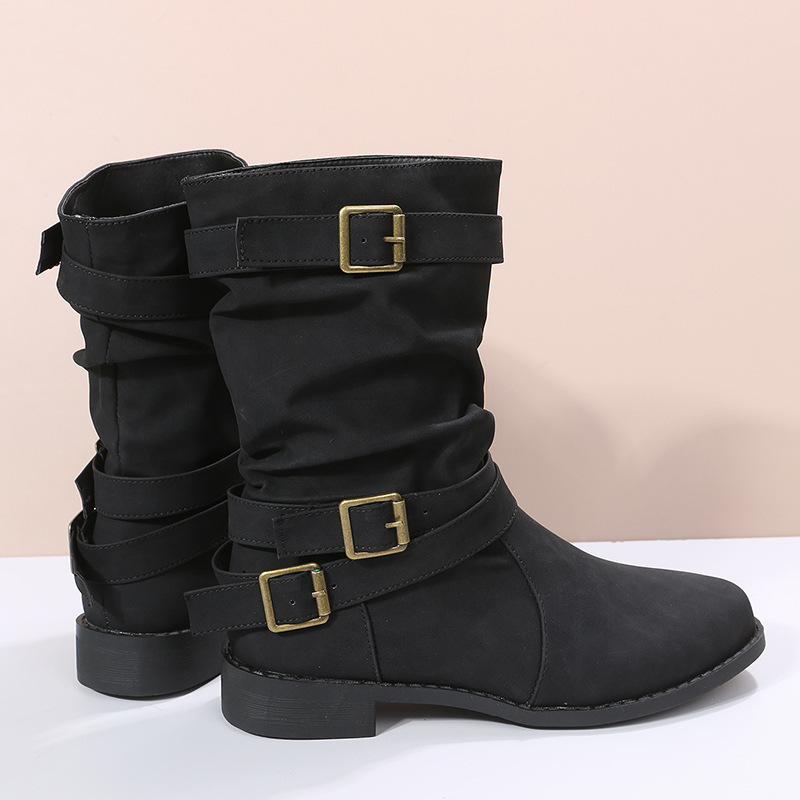 Womens Round Toe Flat Heel Sheepskin Mid Calf Boots