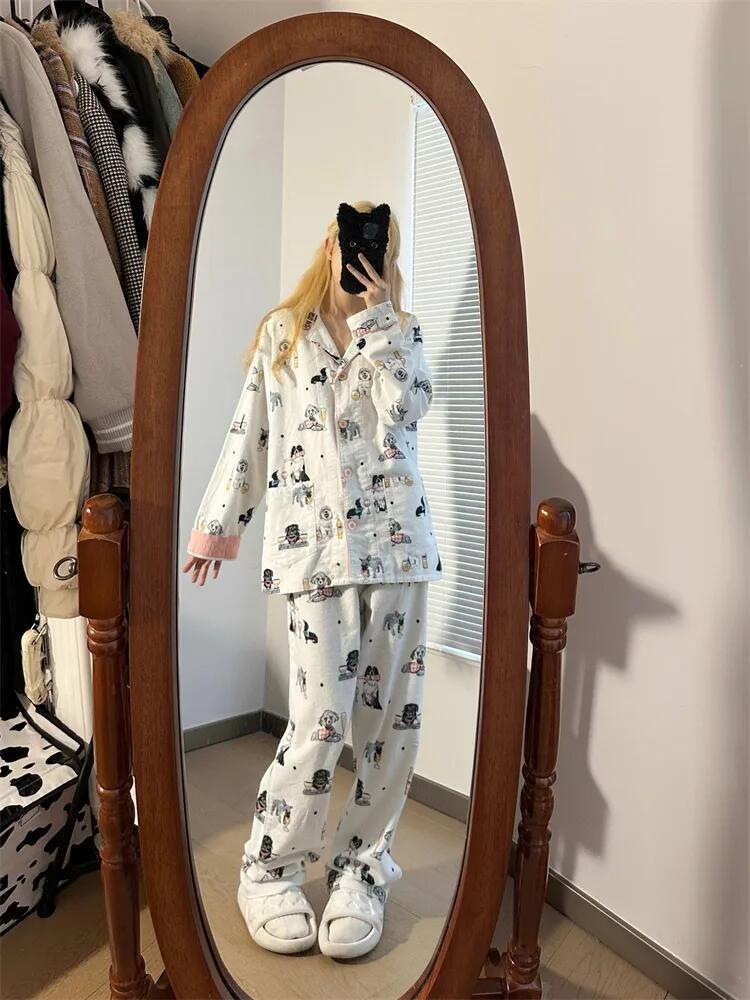 Women's Cartoon Puppy Print Cotton Long Sleeve Pajama Set