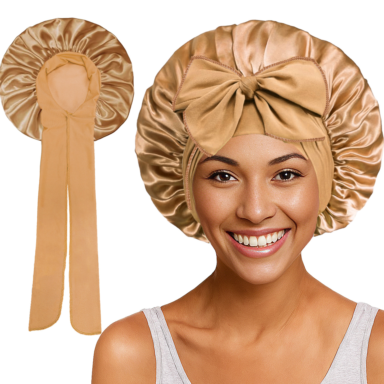Elastic Satin Round Wide-Brimmed Headscarf Hat Solid Color Artificial Silk Nightcap