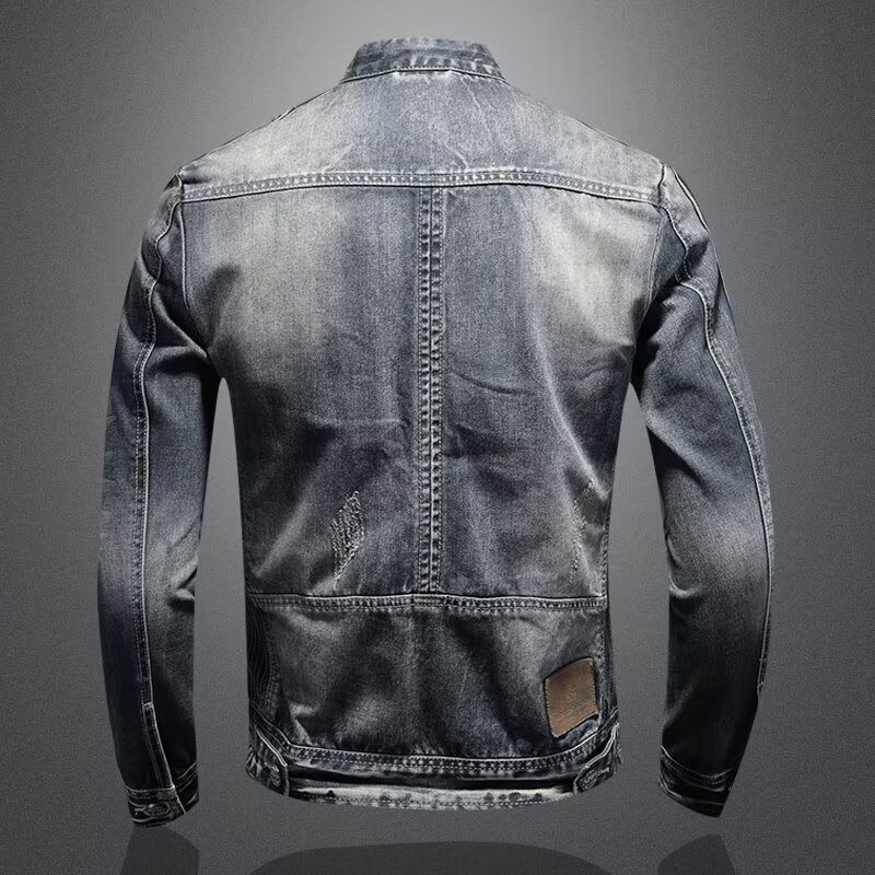 Men's Retro Solid Color Stand Collar Denim Jacket Casual Long Sleeve Outerwear