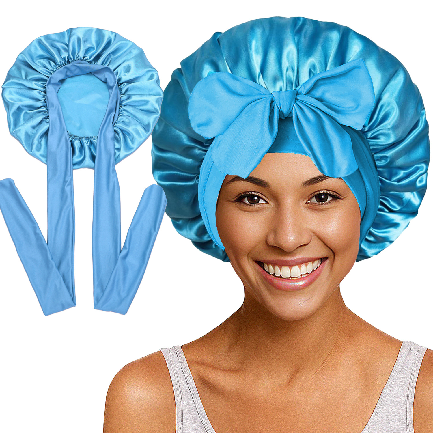 Elastic Satin Round Wide-Brimmed Headscarf Hat Solid Color Artificial Silk Nightcap