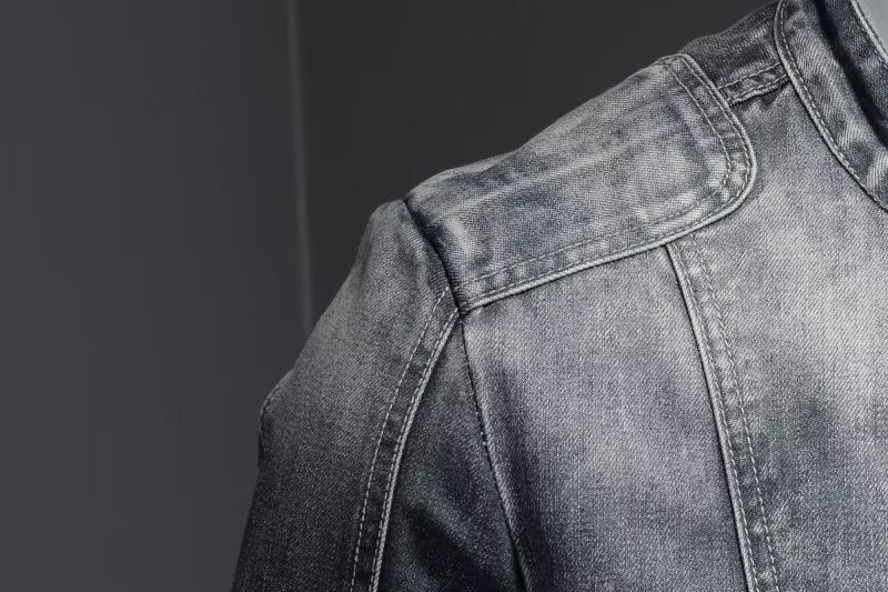 Men's Retro Solid Color Stand Collar Denim Jacket Casual Long Sleeve Outerwear