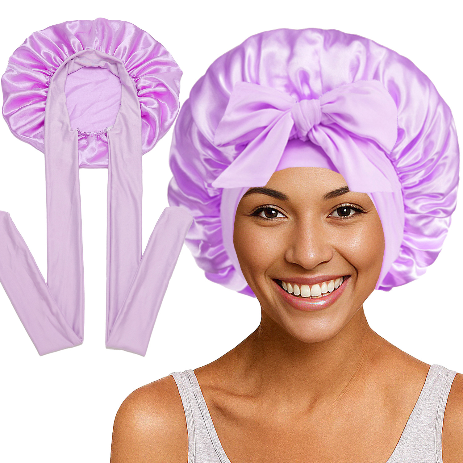 Elastic Satin Round Wide-Brimmed Headscarf Hat Solid Color Artificial Silk Nightcap