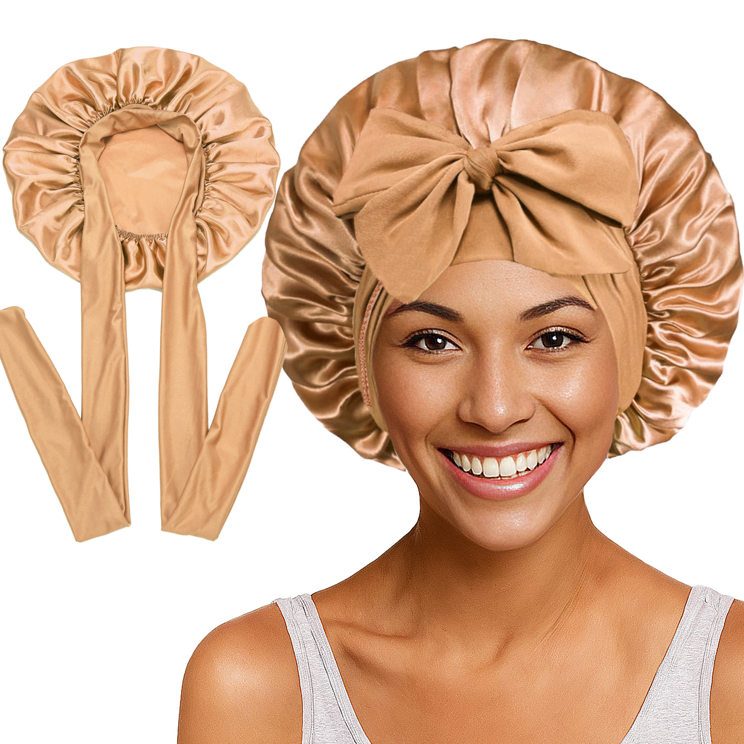 Elastic Satin Round Wide-Brimmed Headscarf Hat Solid Color Artificial Silk Nightcap