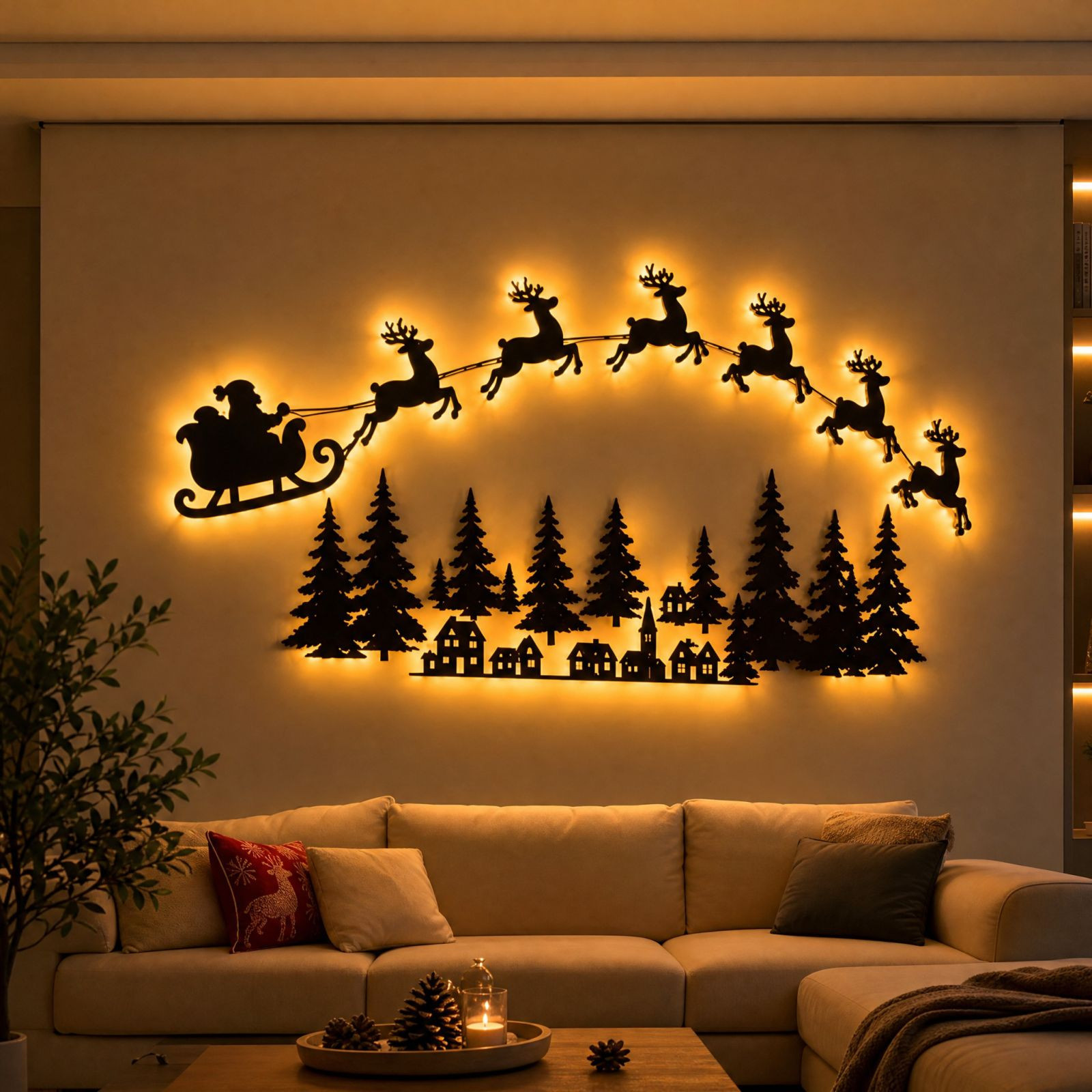 Self-Adhesive Wooden Christmas Santa Reindeer Wall Decoration with Lights