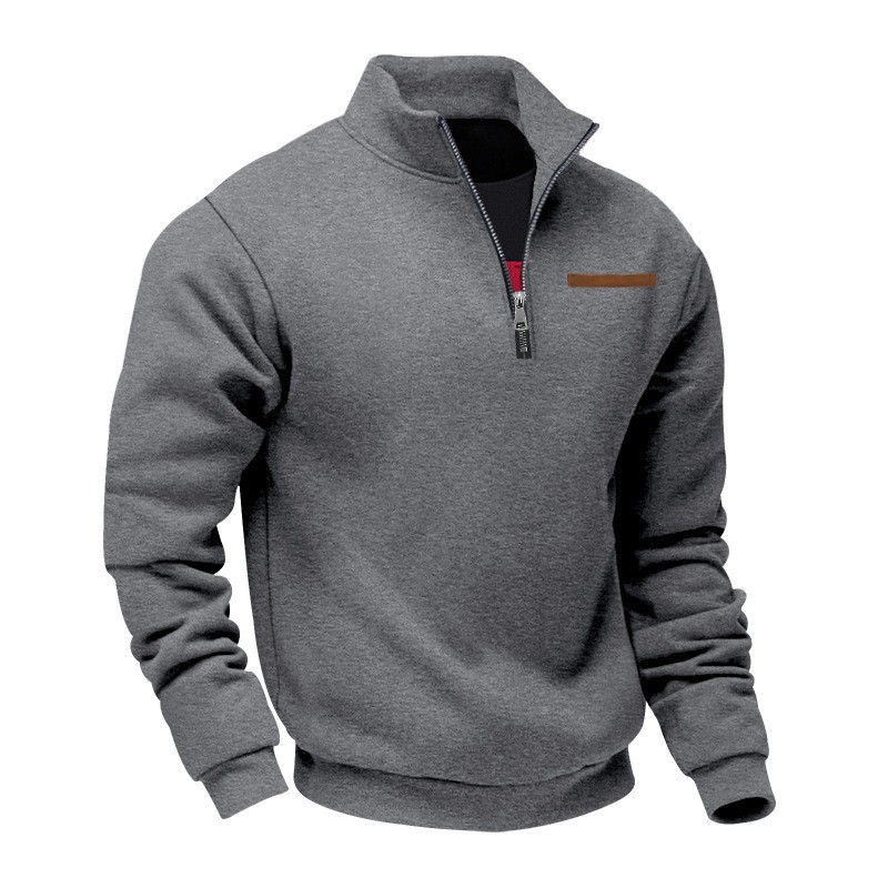 Men's Velvet Lined Half-Zip Stand Collar Pullover Solid Color Casual Loose Sweatshirt