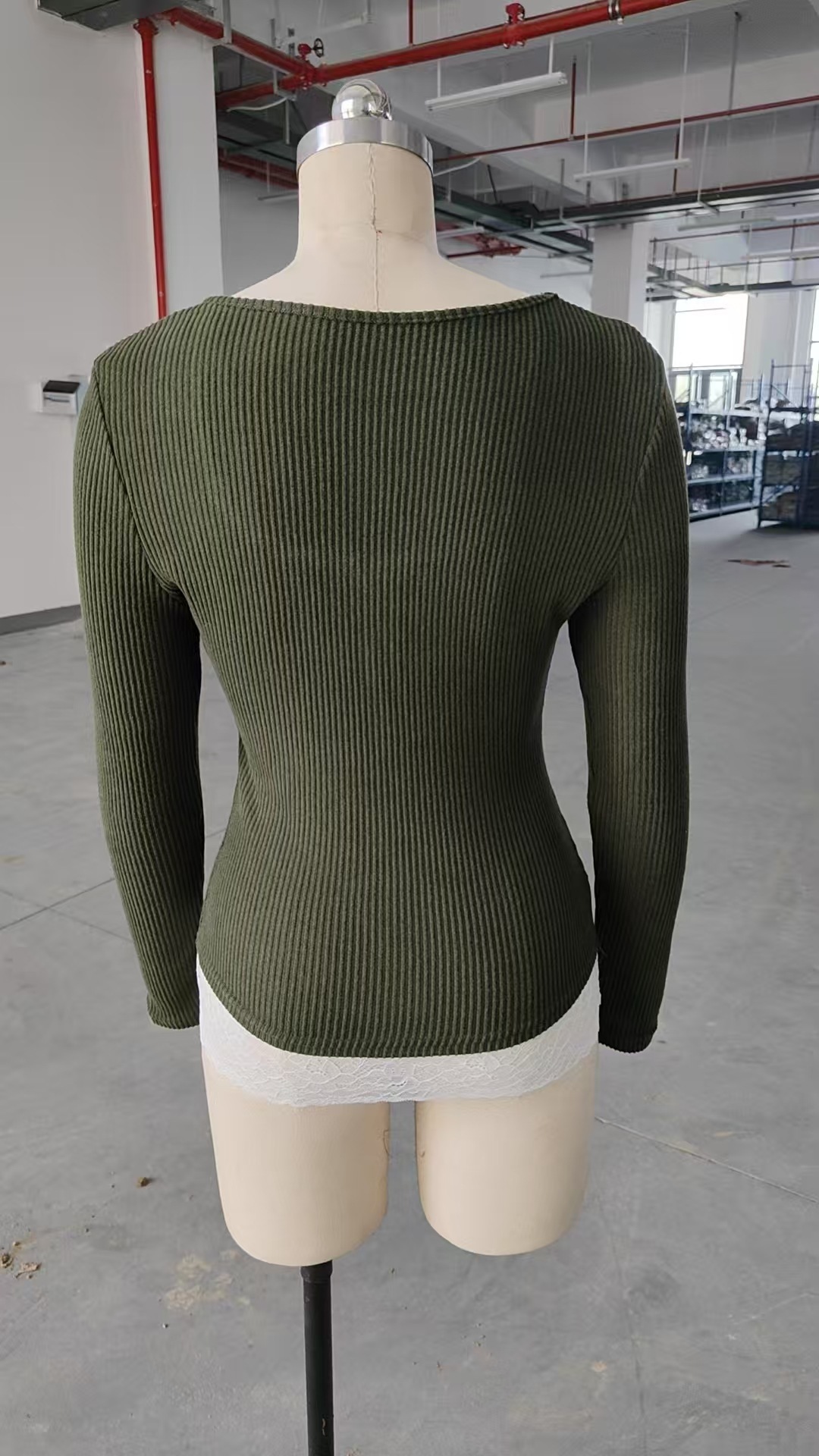 Women's Square Neck Lace Patchwork Slim Fit Long Sleeve Top