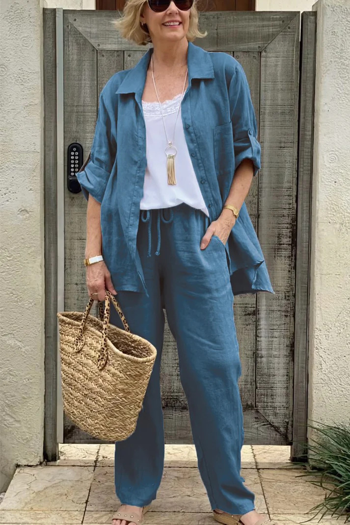 Women's Linen Blend Long Sleeve Shirt Trousers Suit
