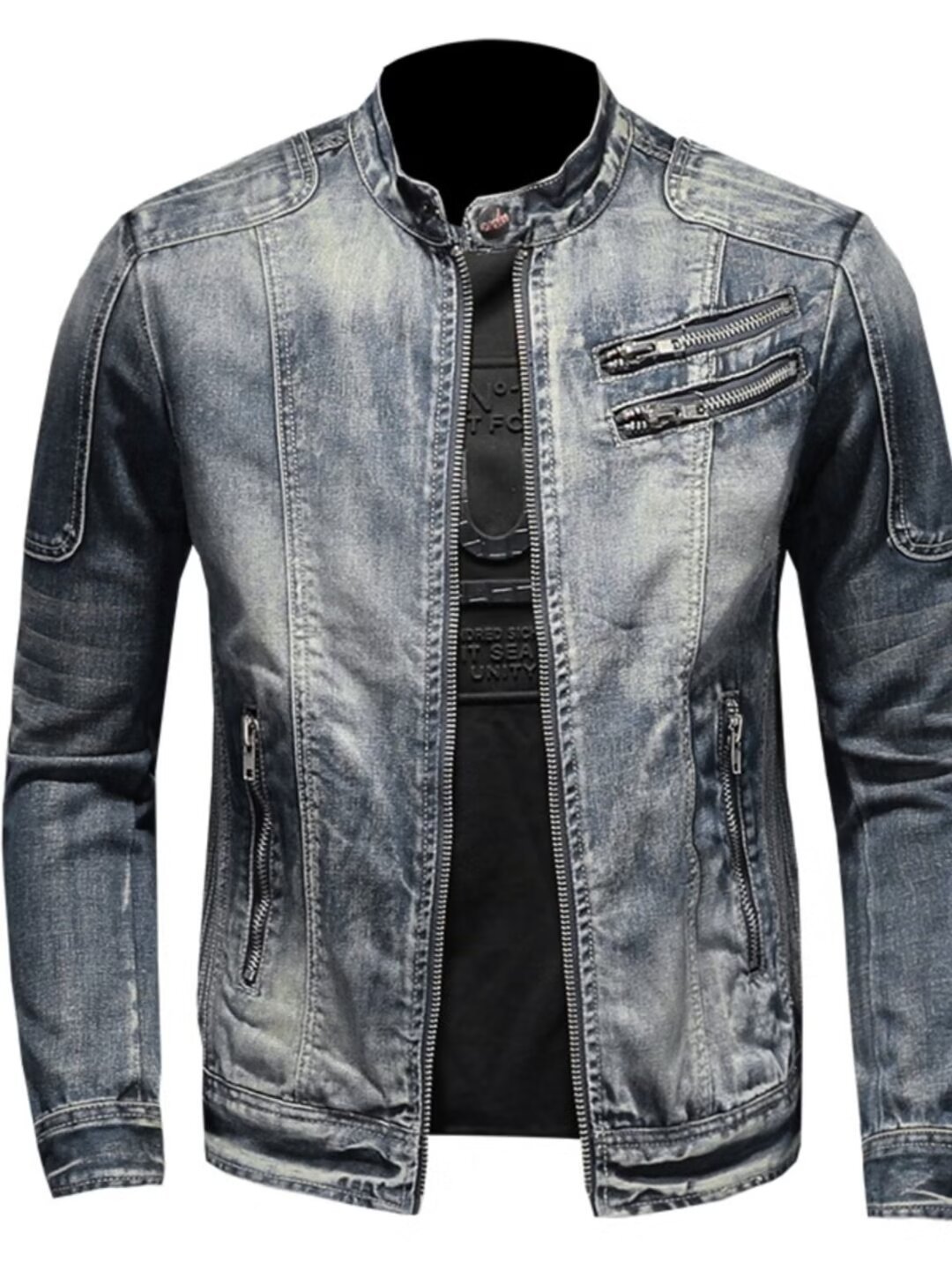 Men's Retro Solid Color Stand Collar Denim Jacket Casual Long Sleeve Outerwear