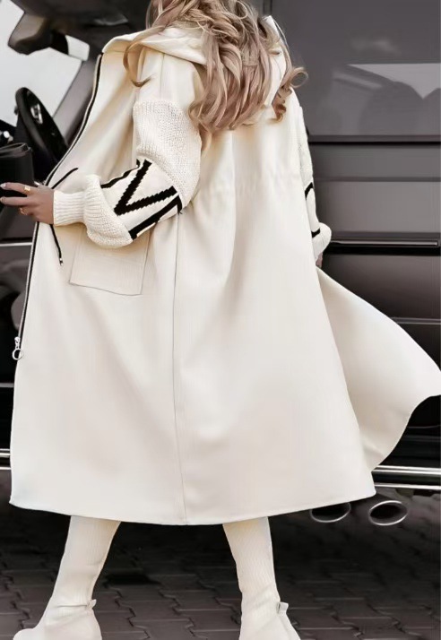 Women's Casual Hooded Long Patchwork Zip-Up Coat