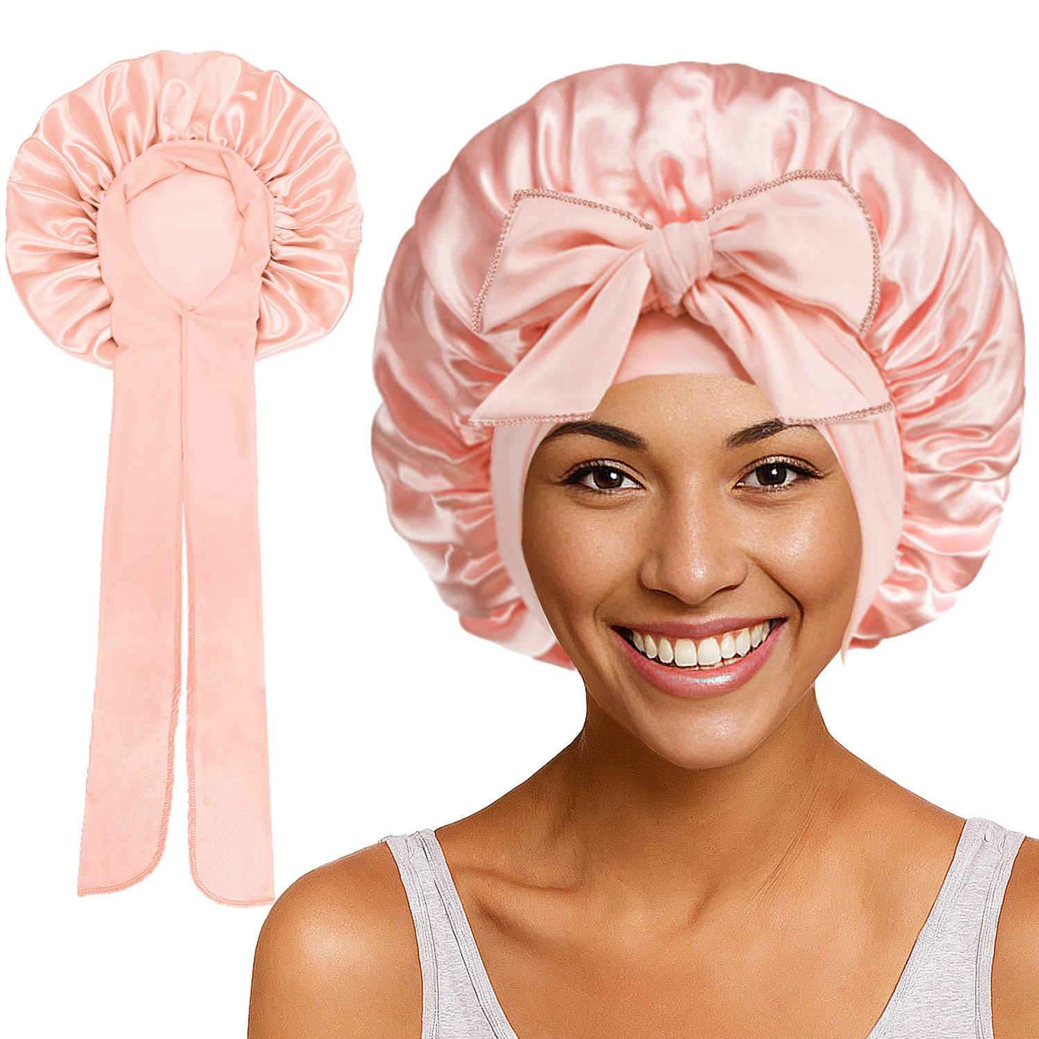 Elastic Satin Round Wide-Brimmed Headscarf Hat Solid Color Artificial Silk Nightcap