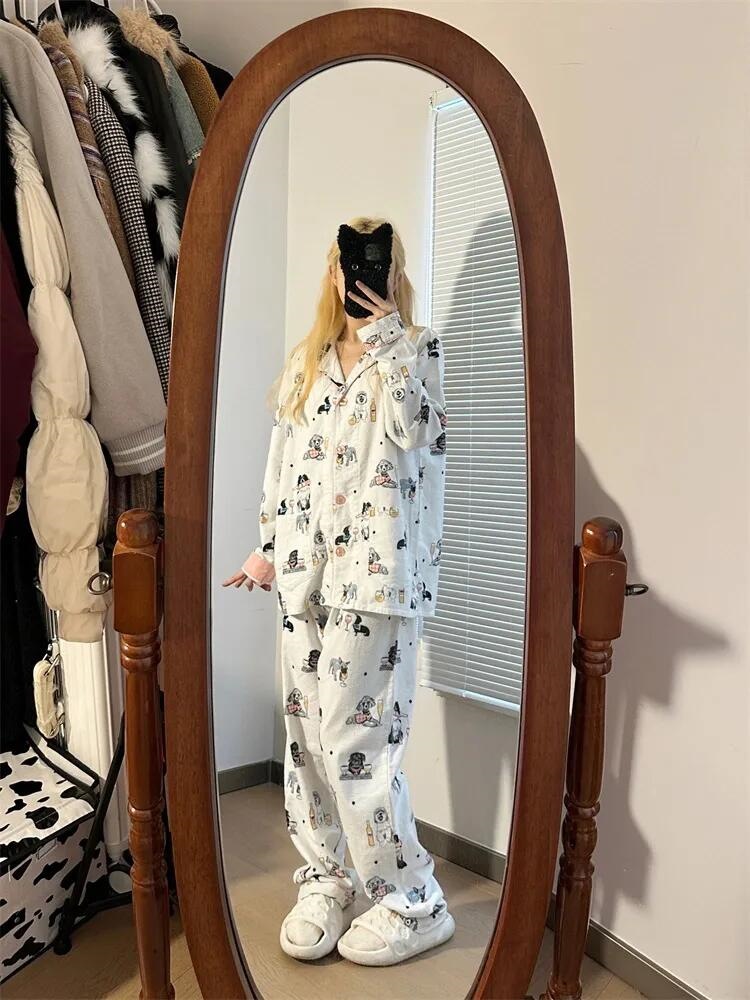 Women's Cartoon Puppy Print Cotton Long Sleeve Pajama Set