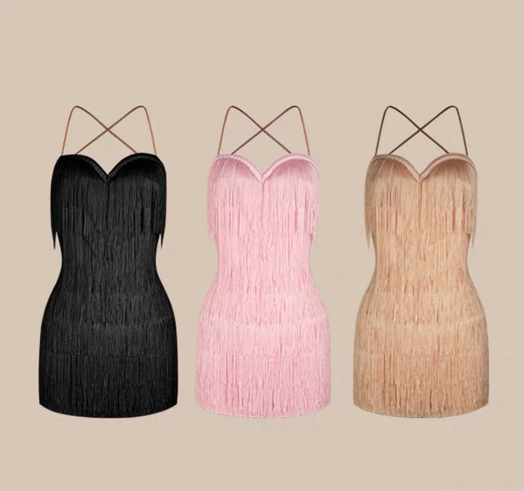 Women's Adult Spaghetti Strap Dress with Multi-Layered Tassels, Latin Dance Dress