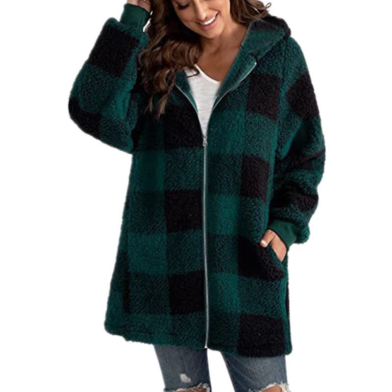 Women's Plush Long Sleeve Plaid Hooded Zip-Up Loose Coat