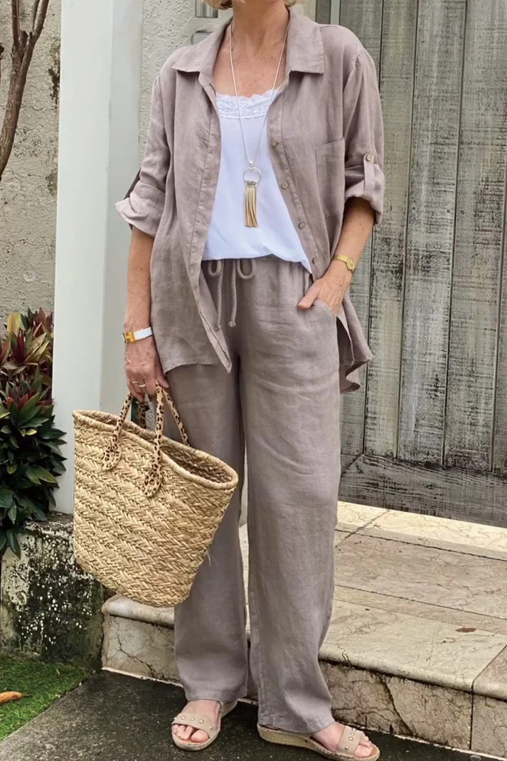 Women's Linen Blend Long Sleeve Shirt Trousers Suit