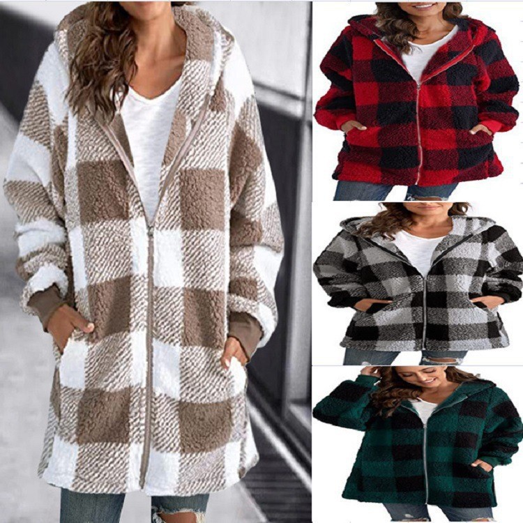 Women's Plush Long Sleeve Plaid Hooded Zip-Up Loose Coat