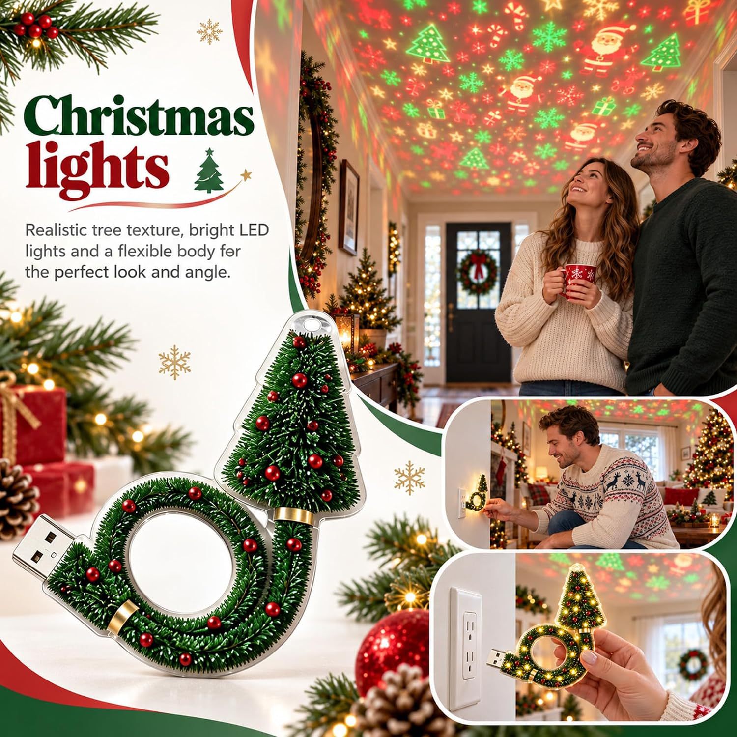6 Scene USB Christmas Projection Light with Snowflake and Tree Patterns for Holiday Decoration