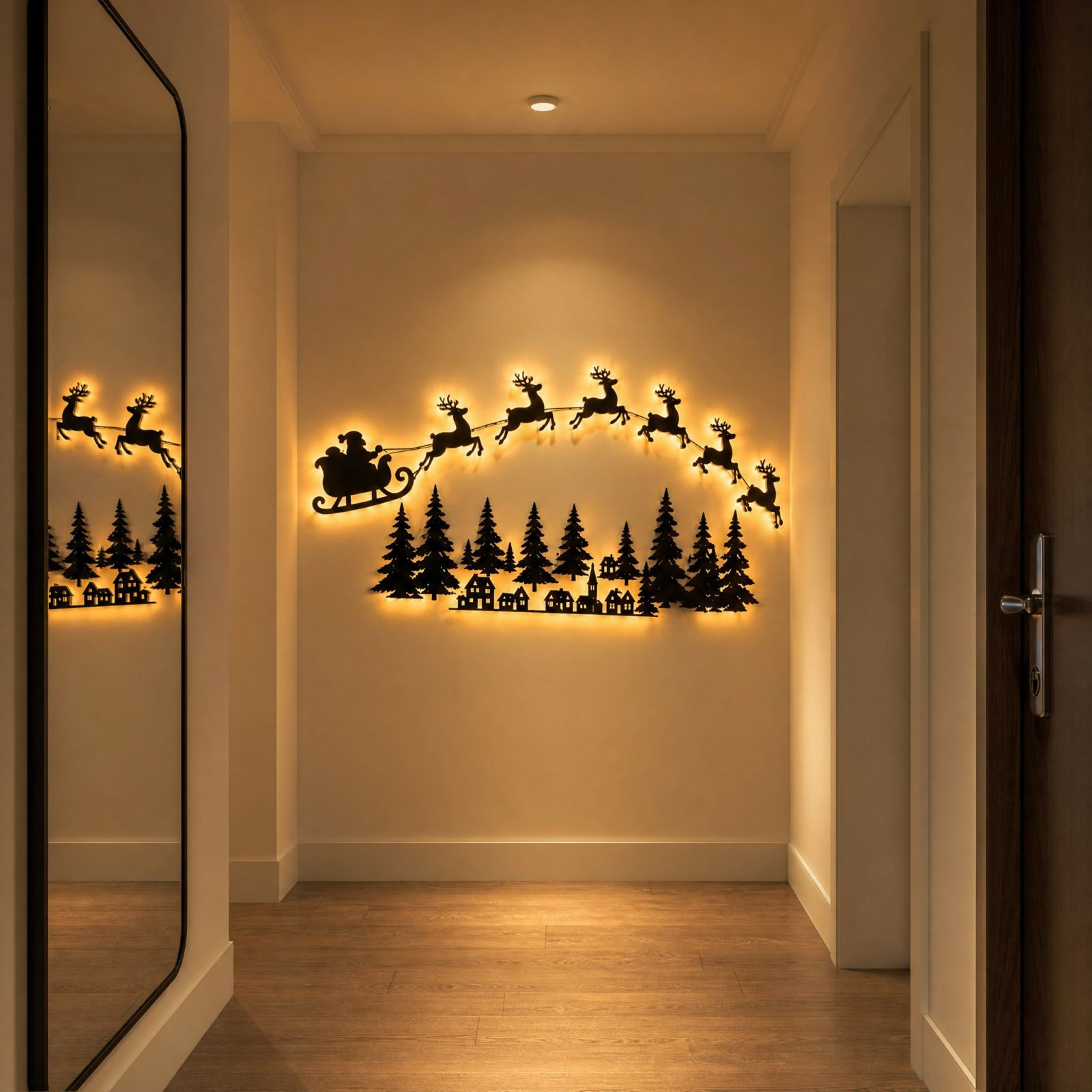 Self-Adhesive Wooden Christmas Santa Reindeer Wall Decoration with Lights