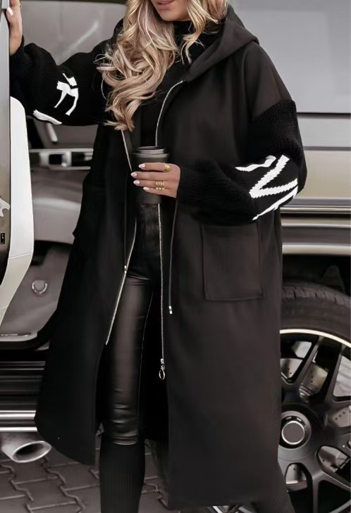 Women's Casual Hooded Long Patchwork Zip-Up Coat