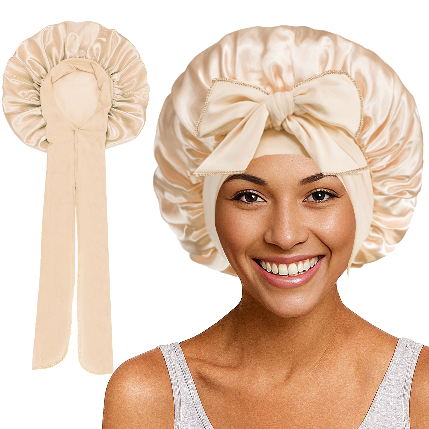 Elastic Satin Round Wide-Brimmed Headscarf Hat Solid Color Artificial Silk Nightcap