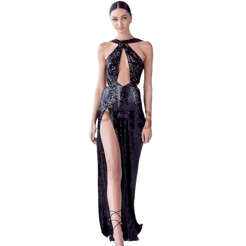 2025 Cross-Border Spring Sexy Party Sequined Irregular Temperament Evening Dress Women's European and American Amazon Halter Dress