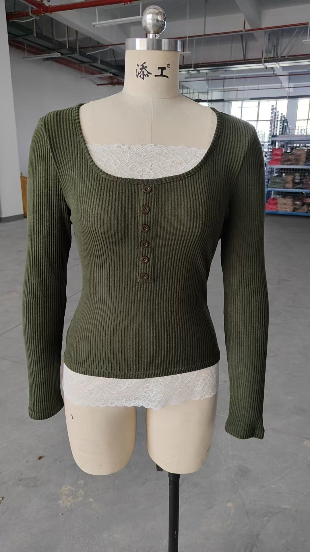 Women's Square Neck Lace Patchwork Slim Fit Long Sleeve Top