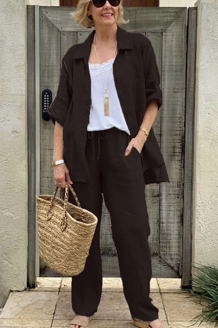 Women's Linen Blend Long Sleeve Shirt Trousers Suit