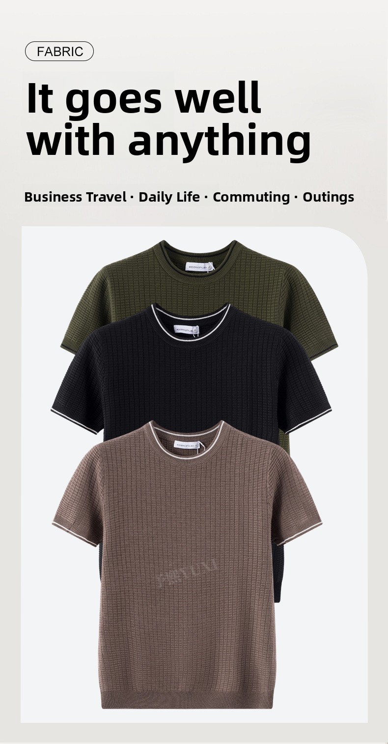 Italian Jacquard Knit Short Sleeve T Shirt Men Minimalist Breathable Casual