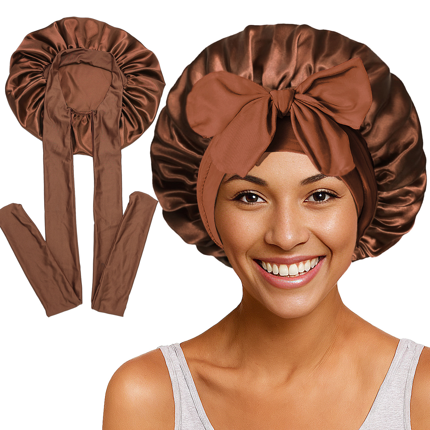 Elastic Satin Round Wide-Brimmed Headscarf Hat Solid Color Artificial Silk Nightcap