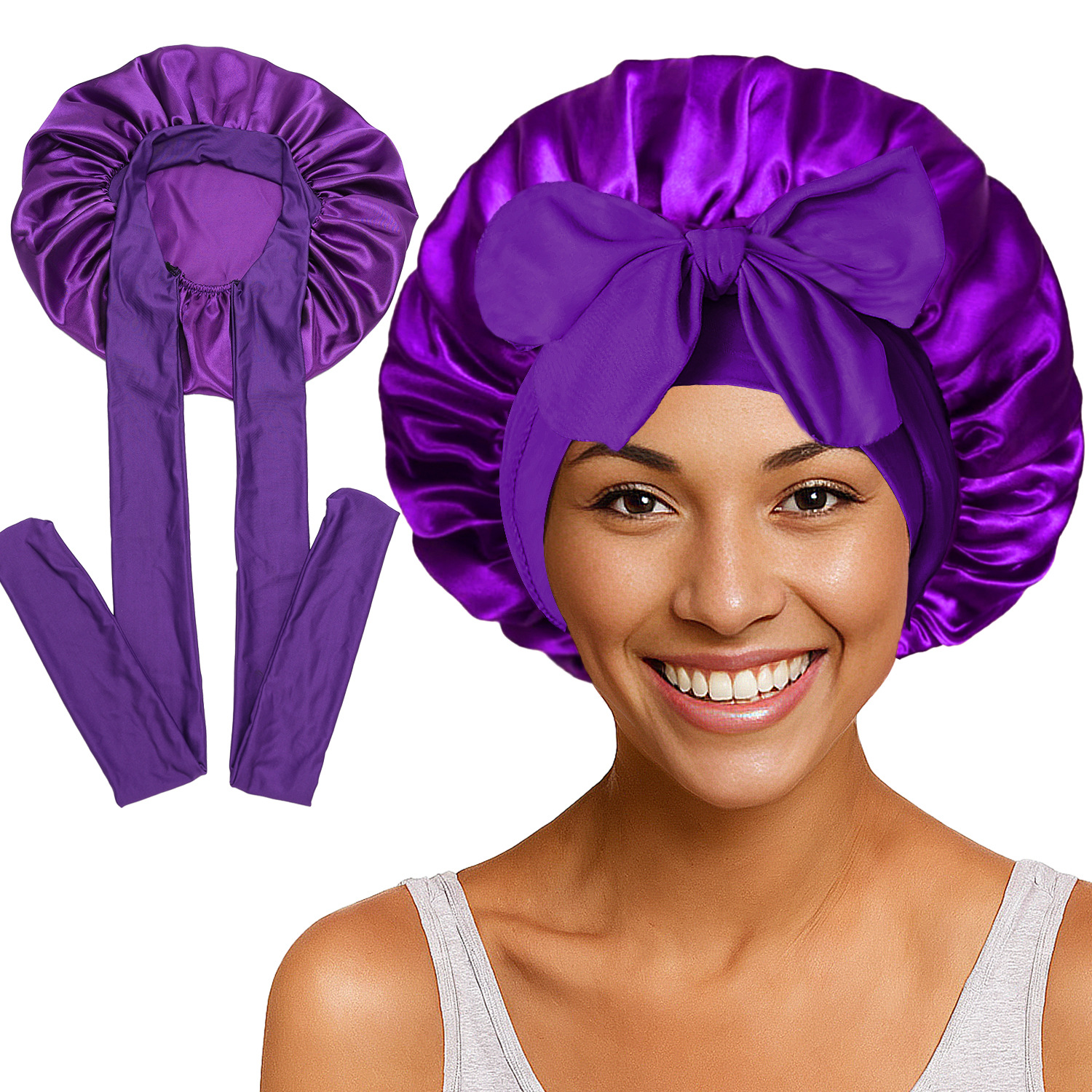 Elastic Satin Round Wide-Brimmed Headscarf Hat Solid Color Artificial Silk Nightcap