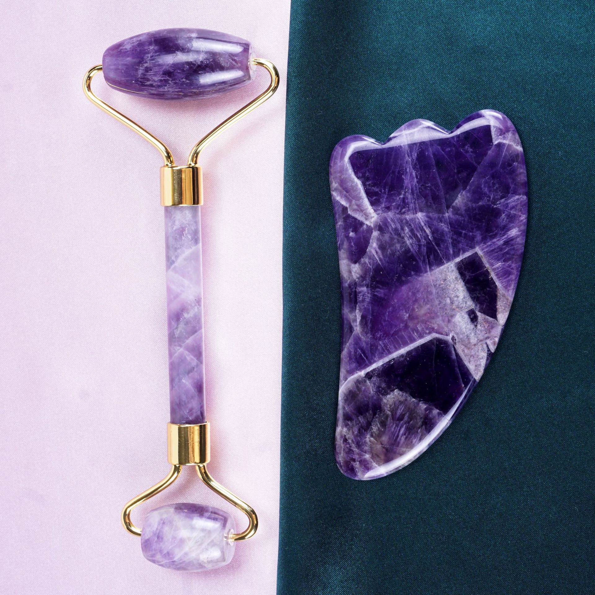 Natural Amethyst Crystal Facial Massage Roller and Gua Sha Beauty Set