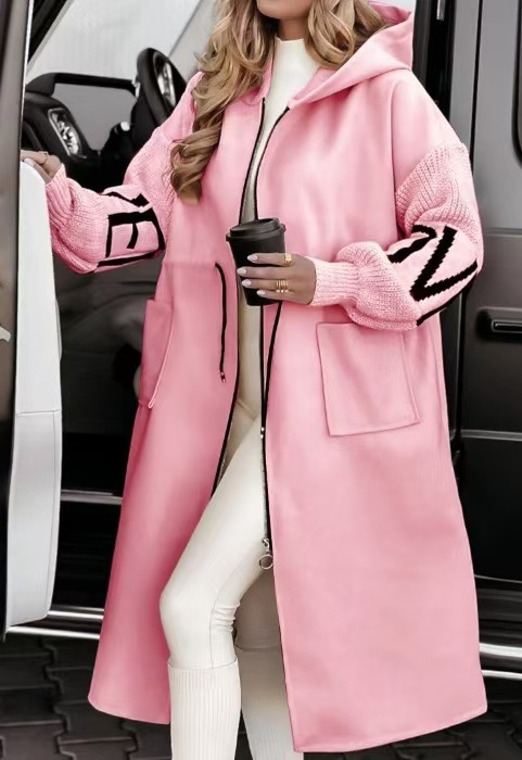 Women's Casual Hooded Long Patchwork Zip-Up Coat