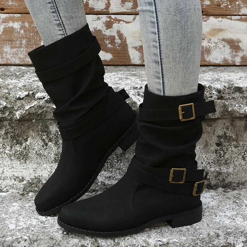 Womens Round Toe Flat Heel Sheepskin Mid Calf Boots