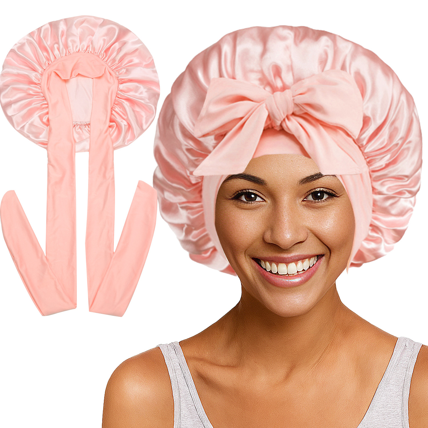 Elastic Satin Round Wide-Brimmed Headscarf Hat Solid Color Artificial Silk Nightcap