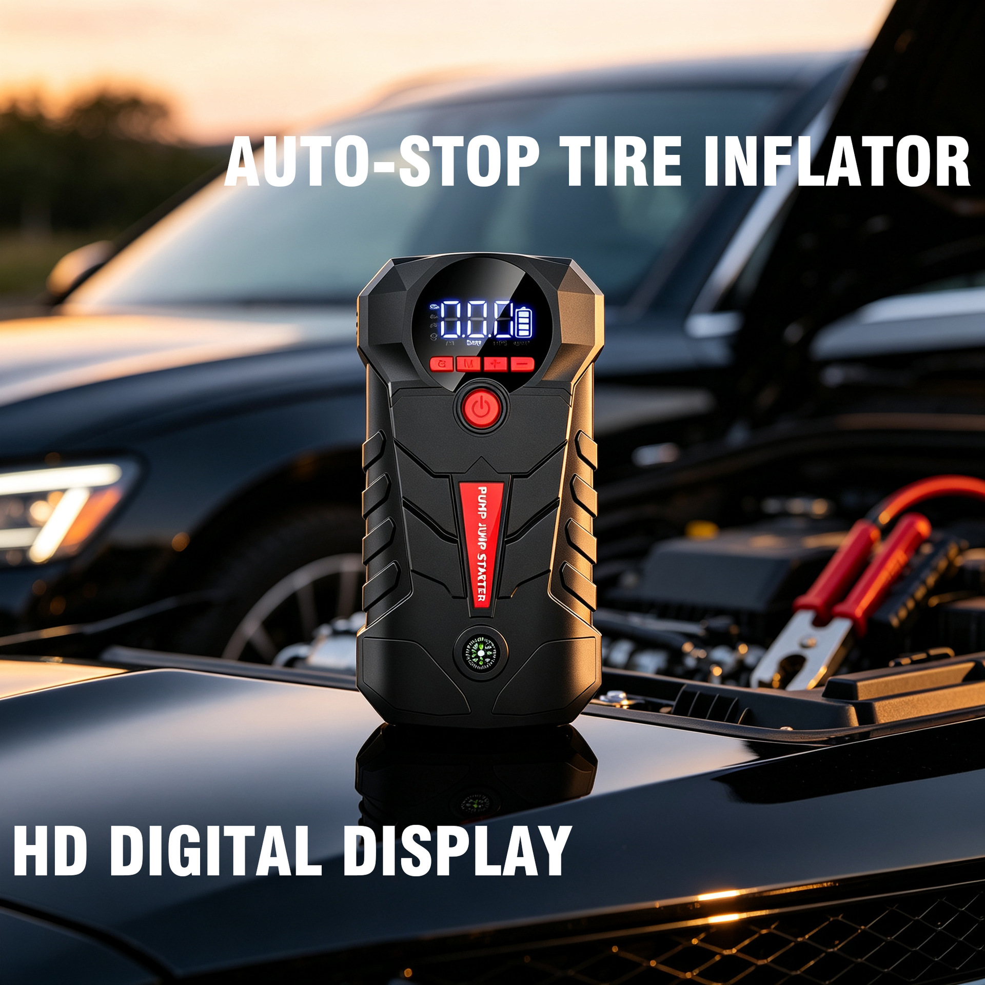 4-in-1 Car Jump Starter with Tire Inflator Digital Display 6000mAh Portable Power Bank