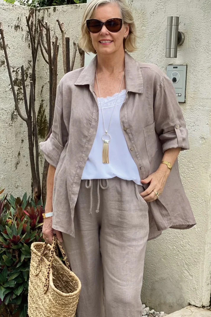Women's Linen Blend Long Sleeve Shirt Trousers Suit