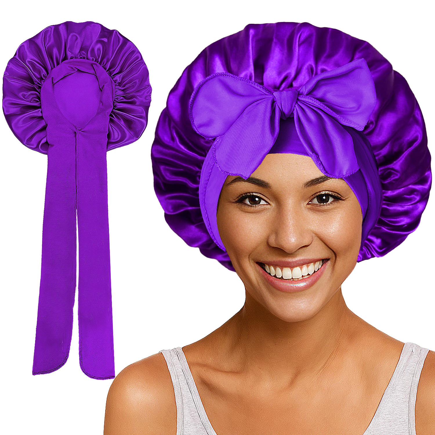 Elastic Satin Round Wide-Brimmed Headscarf Hat Solid Color Artificial Silk Nightcap