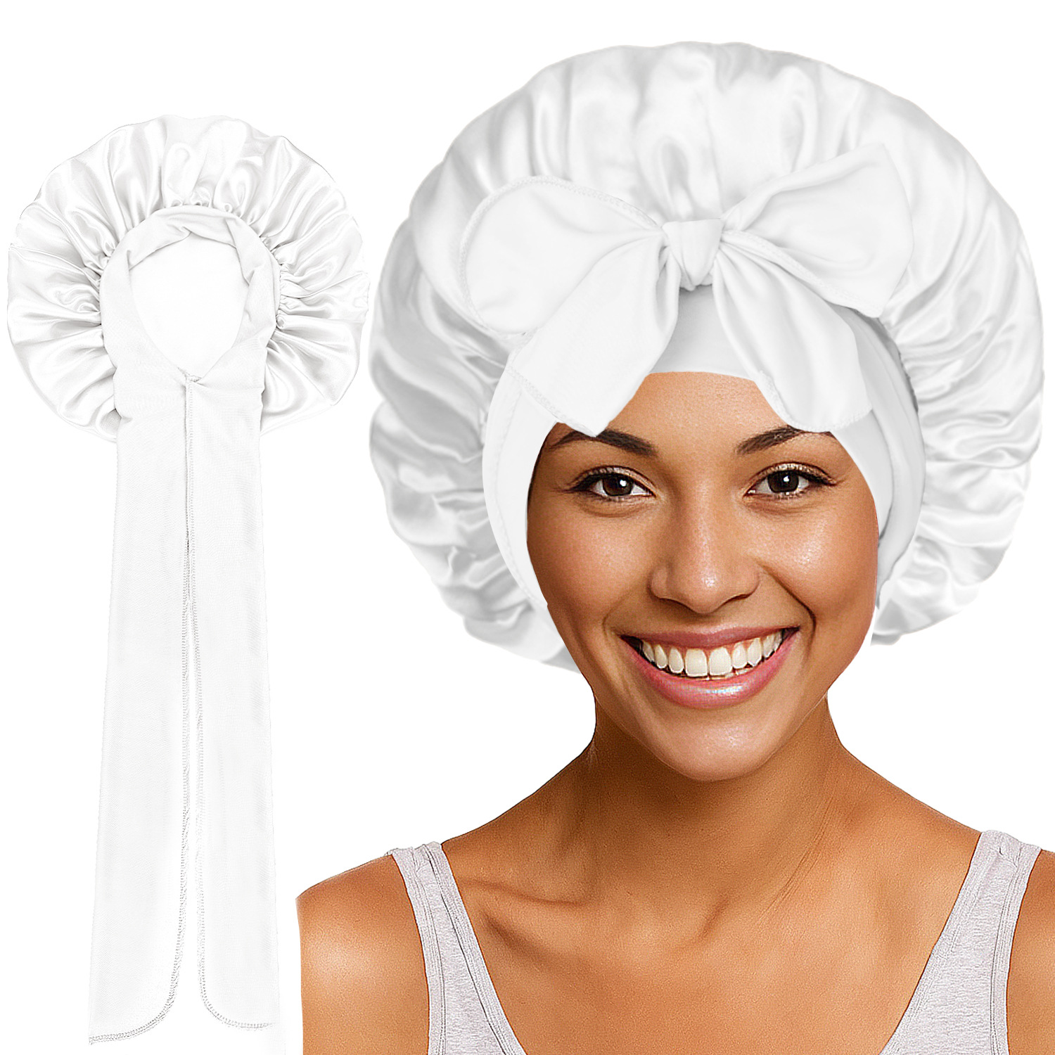 Elastic Satin Round Wide-Brimmed Headscarf Hat Solid Color Artificial Silk Nightcap